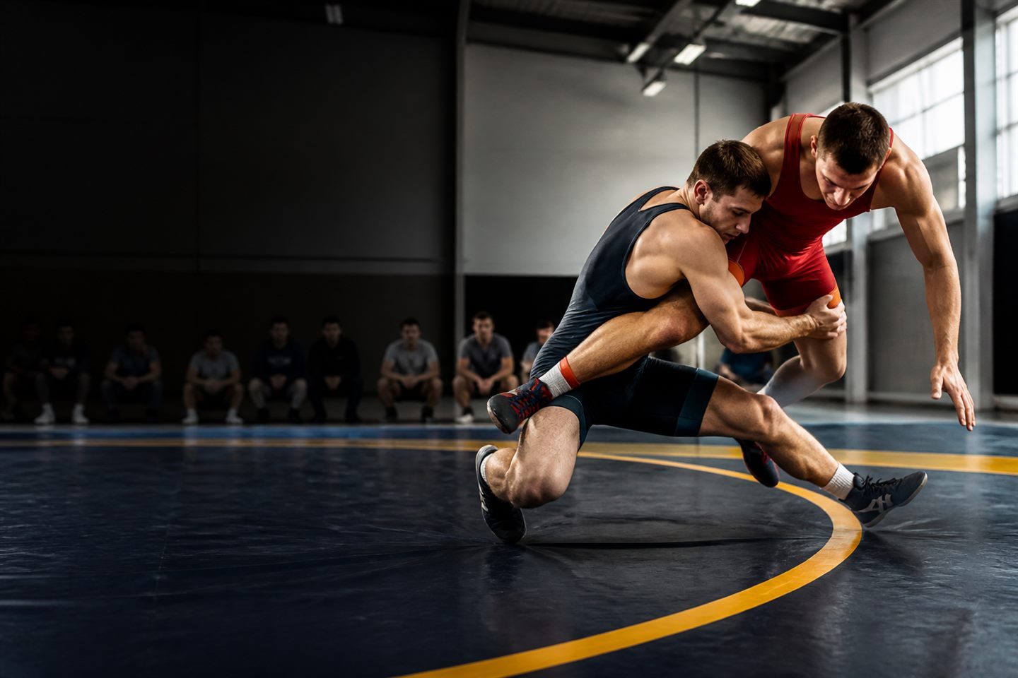 Wrestlers training on a wrestling mat