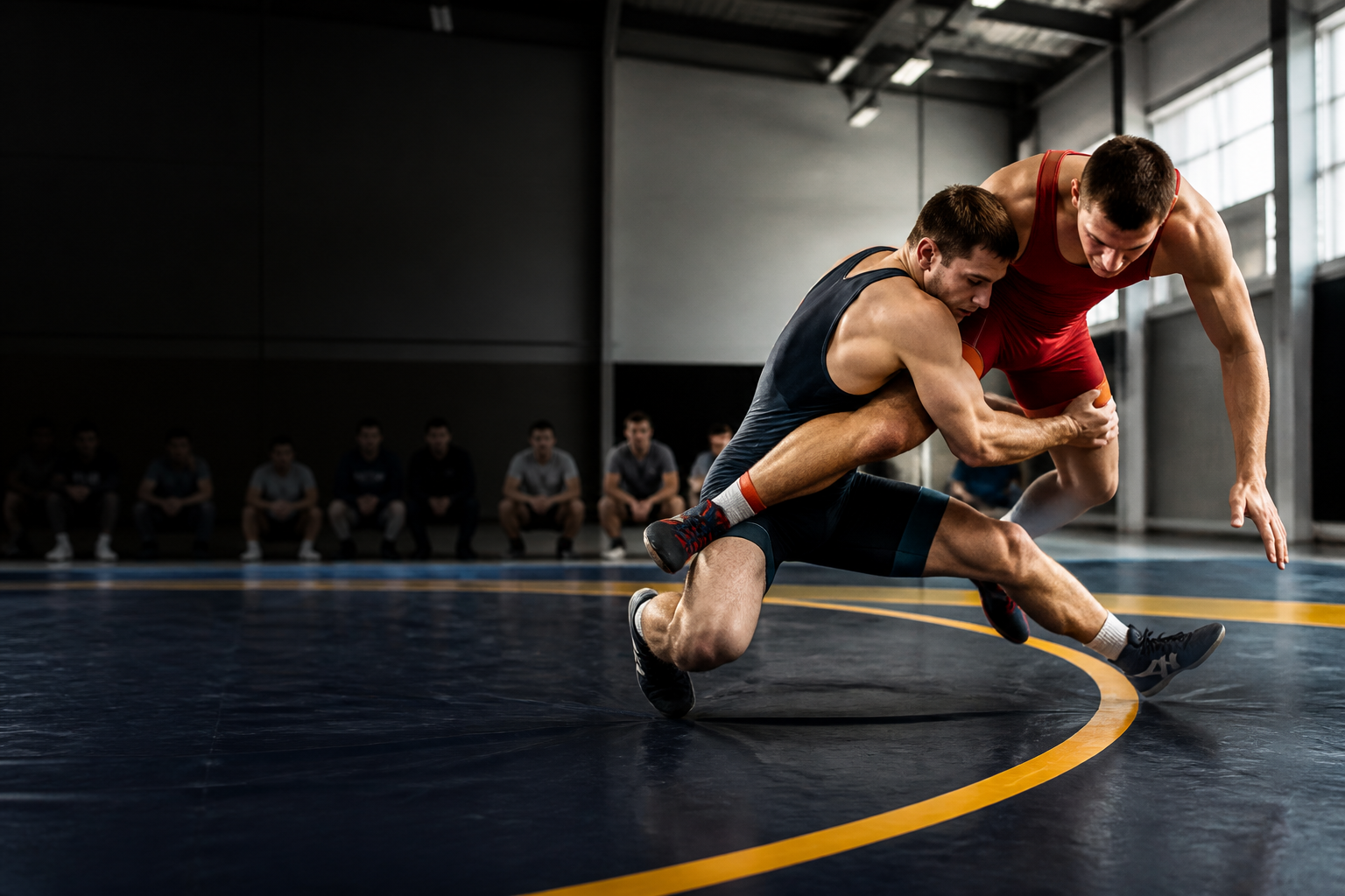 Wrestlers training on a wrestling mat